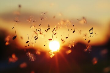 Musical notes made from dandelion seeds floating, backlit sunset light, seed detail, with copy space
