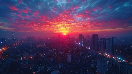 Fototapeta premium Aerial view of a city skyline from a rooftop at sunset, capturing the city lights and buildings against the colorful sky, urban environment, cinematic lighting