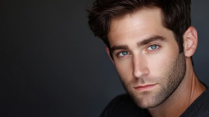 Obraz premium A modern headshot of a handsome man with striking features, captured in soft lighting against a sleek gray background