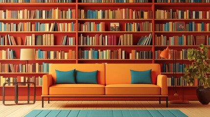 Orange Sofa in a Room with a Large Bookcase