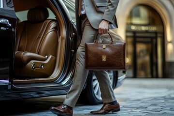 Man in suit exiting car, carrying briefcase.