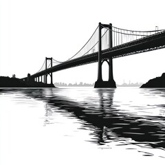 Fototapeta premium Black and white illustration of a suspension bridge spanning a body of water with a cityscape in the background.
