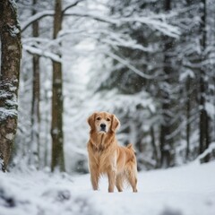 golden retriever standing in snowy forest