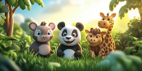Adorable Cartoon Animals in Lush Green Forest Setting at Sunset Delightful Animated Wildlife Scene