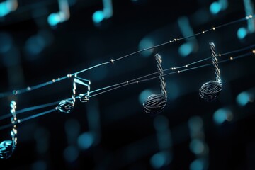 Musical notes made from metallic wire floating in dark space, rim lighting, precise wire detail, with copy space