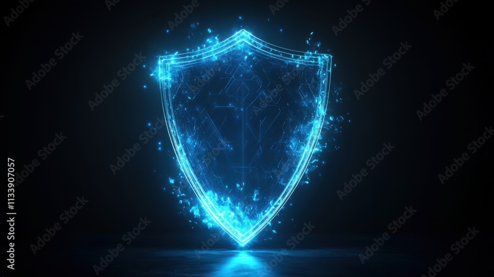 Poster glowing digital shield in dark background representing security concept