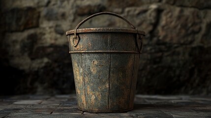Naklejka premium Rustic Vintage Wooden Bucket: Aged Texture and Dark Background
