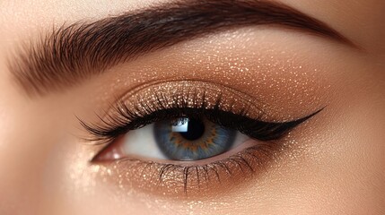Obraz premium Close-up of a woman's eye with shimmering gold eyeshadow and eyeliner.