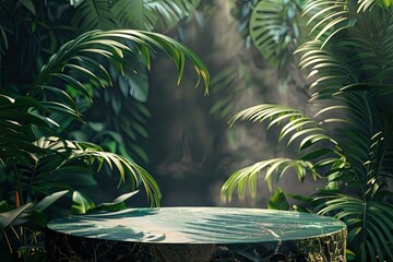 High Definition Visual of Natural Podium Product Display with Leaves Tropical Forest Background