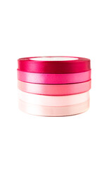 stack of satin ribbons in shades of pink, from light to dark, arranged neatly against a white background. The glossy texture highlights the vibrant colors and soft material