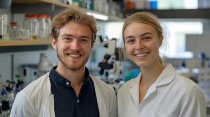 A portrait of young, dynamic researchers in a university lab, smiling with test tubes and microscopes in the background