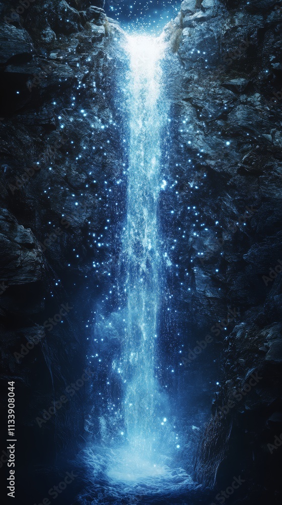 Poster a cascading waterfall flows from a crevice in a dark, rocky cliff, illuminating the surrounding area