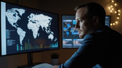 Obraz premium A professional lawyer working on legal compliance for international trade, with global market maps on a monitor in the background