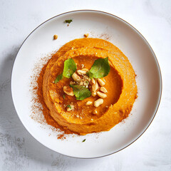 Creamy spiced sweet potato puree topped with peanuts and herbs, showcasing vibrant colors and textures. delicious and healthy dish perfect for any meal