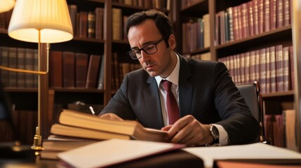 Obraz premium A professional legal consultant in a modern office, reviewing case files with a confident expression