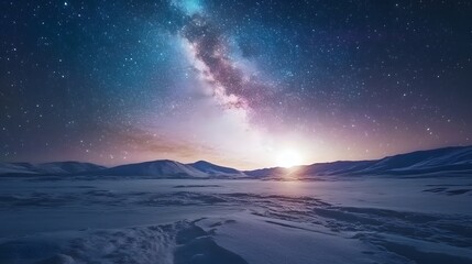Milky Way Galaxy Over Snowy Mountain Range At Sunrise
