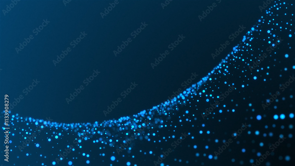 Poster blue glowing circles particles at the bottom on a dark abstract background, horizontal composition. 