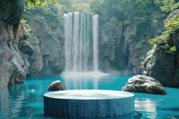 Detailed Image of Nature Background with Blue Product Podium and Waterfall