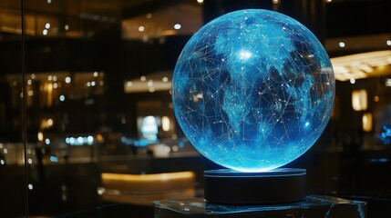 A radiant blue glass globe with digital light effects, hovering in a black space, representing innovation and global connectivity