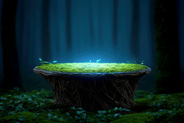 A mystical, glowing table covered in moss in a dark, enchanted forest