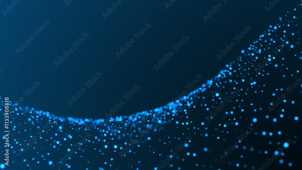 Poster blue glowing circles particles at the bottom on a dark abstract background, horizontal composition. 