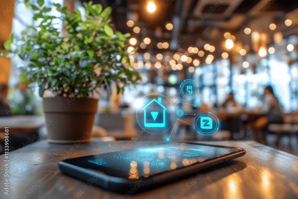 Poster close-up perspective of a smartphone screen with icons highlighted in a casual coffee shop setting e