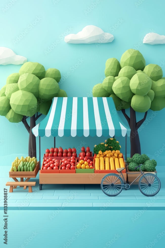 Poster a colorful 3d rendering of a fruit stand with a blue bicycle and wooden table in front of a blue bac