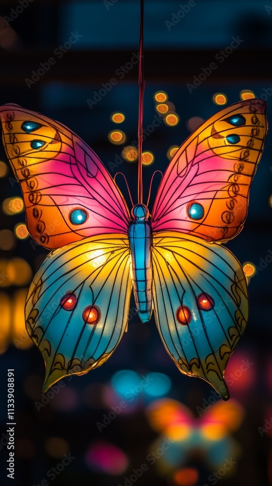 Poster a colorful butterfly-shaped lantern glows brightly against a background of soft bokeh lights.