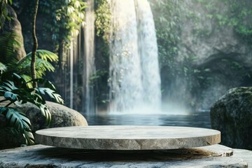 High Quality Picture of Nature Stone Podium for Display Product with Waterfall Background