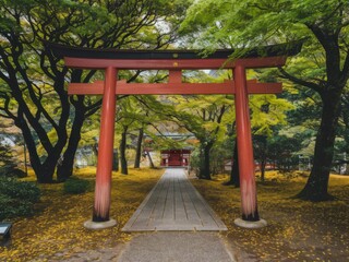 Traditional Japanese Torii Gate Surrounded by Lush Green Trees Serene Shrine Entrance