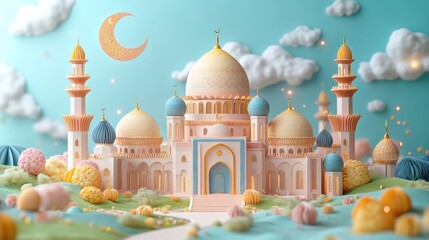 Pastel mosque 3D render, whimsical landscape.