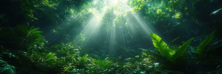 A serene forest scene with rays of sunlight filtering through lush greenery.