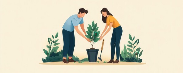 An illustration of couple planting trees in a carbon positive garden, surrounded by tools and greenery