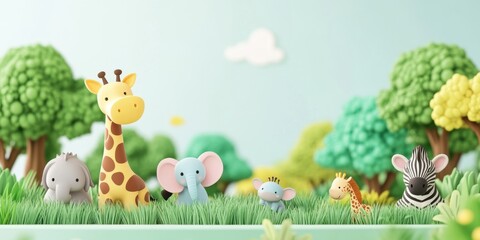 Adorable Cartoon Safari Animals in a Lush Green Landscape: 3D Rendered Scene of Playful Elephants, Giraffes, and Zebras
