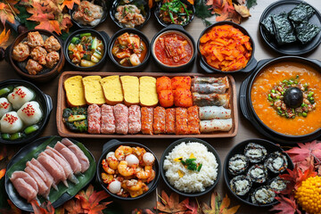 Fototapeta premium Korean Chuseok, traditional foods, harvest festival, autumn leaves