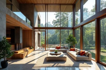 Fototapeta premium Modern Living Room with Large Windows and Nature View