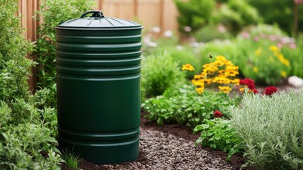 A garden scene with a rainwater collection barrel and bee friendly plants, focusing on environmental sustainability