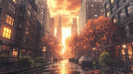 Obraz premium Autumn Sunset Cityscape: A Rainy Evening in the City