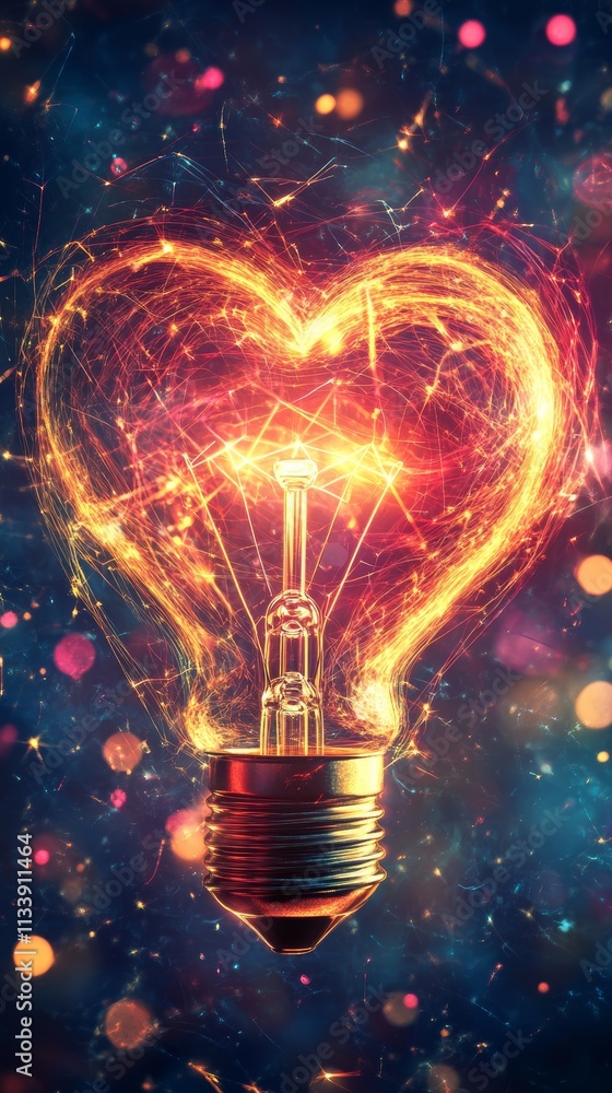 Poster a glowing light bulb shaped like a heart with sparks and colorful bokeh in the background.