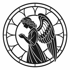 Stained Glass Christmas Angel round sign Black silhouette