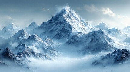A serene, hyper-realistic digital painting of a snowy mountain range ideal for winter sports promotions, travel advertisements, or holiday cards for winter festivities.