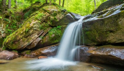 Fototapeta premium Crystal Clear Waterfall Cascading Over Jagged Rocks in Hidden Forest Valley
