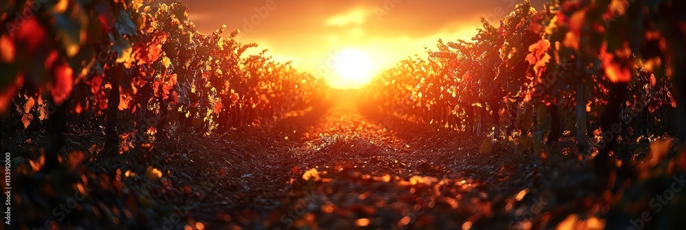 Poster sunset over rows of grapevines in a vineyard.
