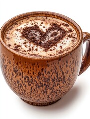 A cozy cup of coffee topped with cocoa powder in a heart shape, perfect for enjoyment.