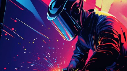 Welder Creating Sparks in a Vibrant Color Scene