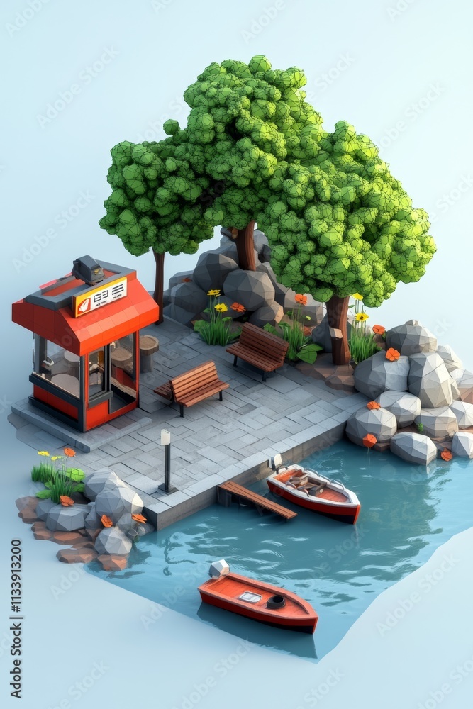 Poster a low-poly 3d model of a small, red cafe building on a waterfront with two boats and a bench under t