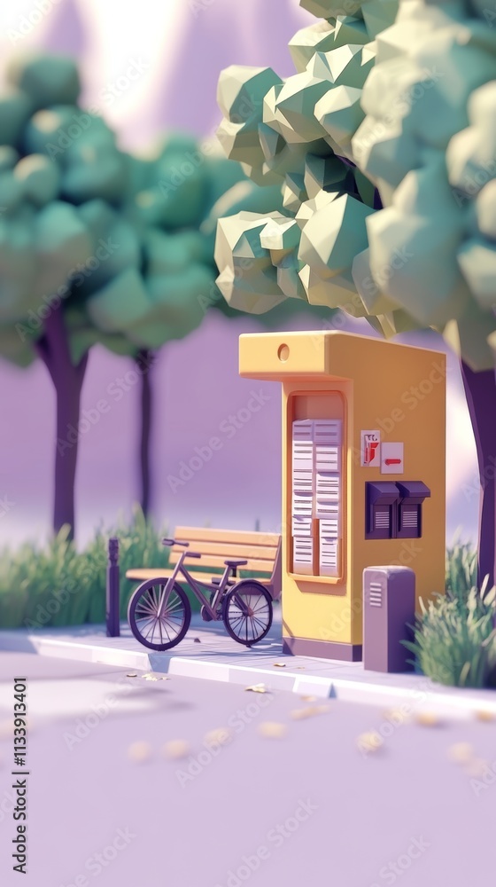 Poster a low-poly style rendering of a bike parked at a bus stop with trees in the background.