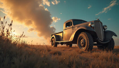 Fototapeta premium Vintage pickup truck parked in a golden field at sunset