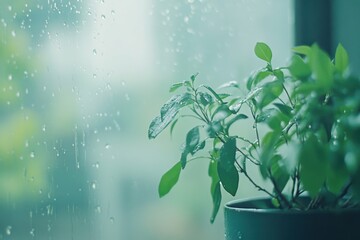 Spring rain on window pane, natural overcast light, water streak details, with copy space