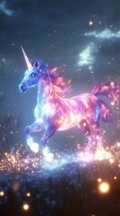 Fototapeta premium A magical unicorn gallops through a field of twinkling lights, its mane and body glowing with a celestial aura.